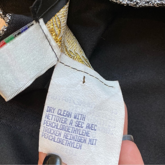 Vintage CARTISE Dress, Silver Crochet Knit, Maxi, Fringe, Black Lining, (US M) - Picture 14 of 16